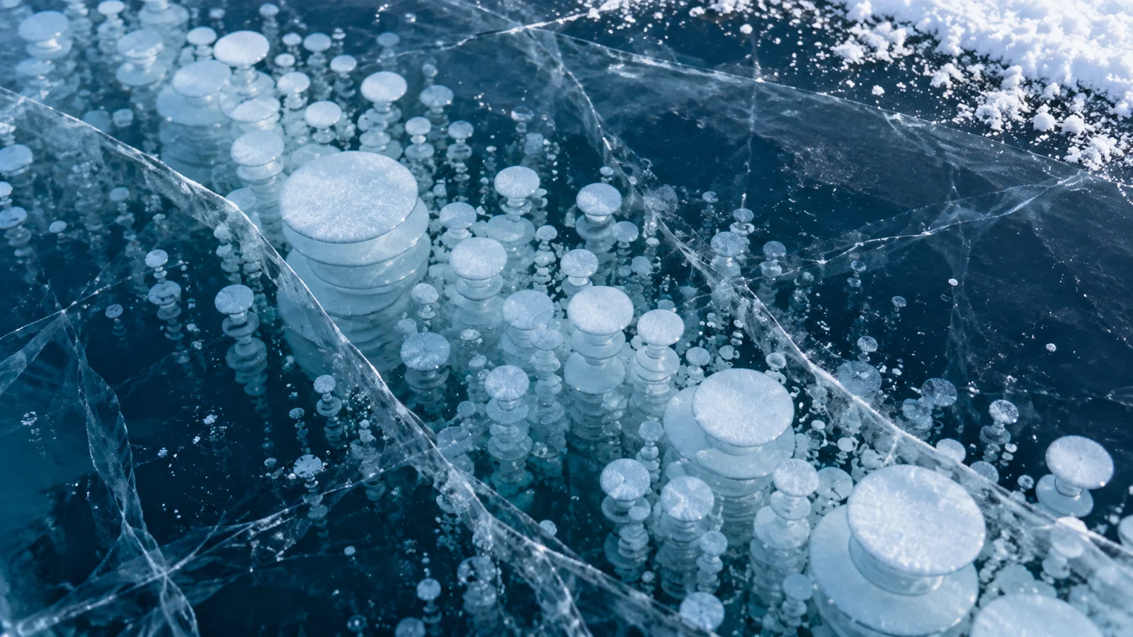 Layers of pale bubbles are trapped beneath clear blue lake ice.