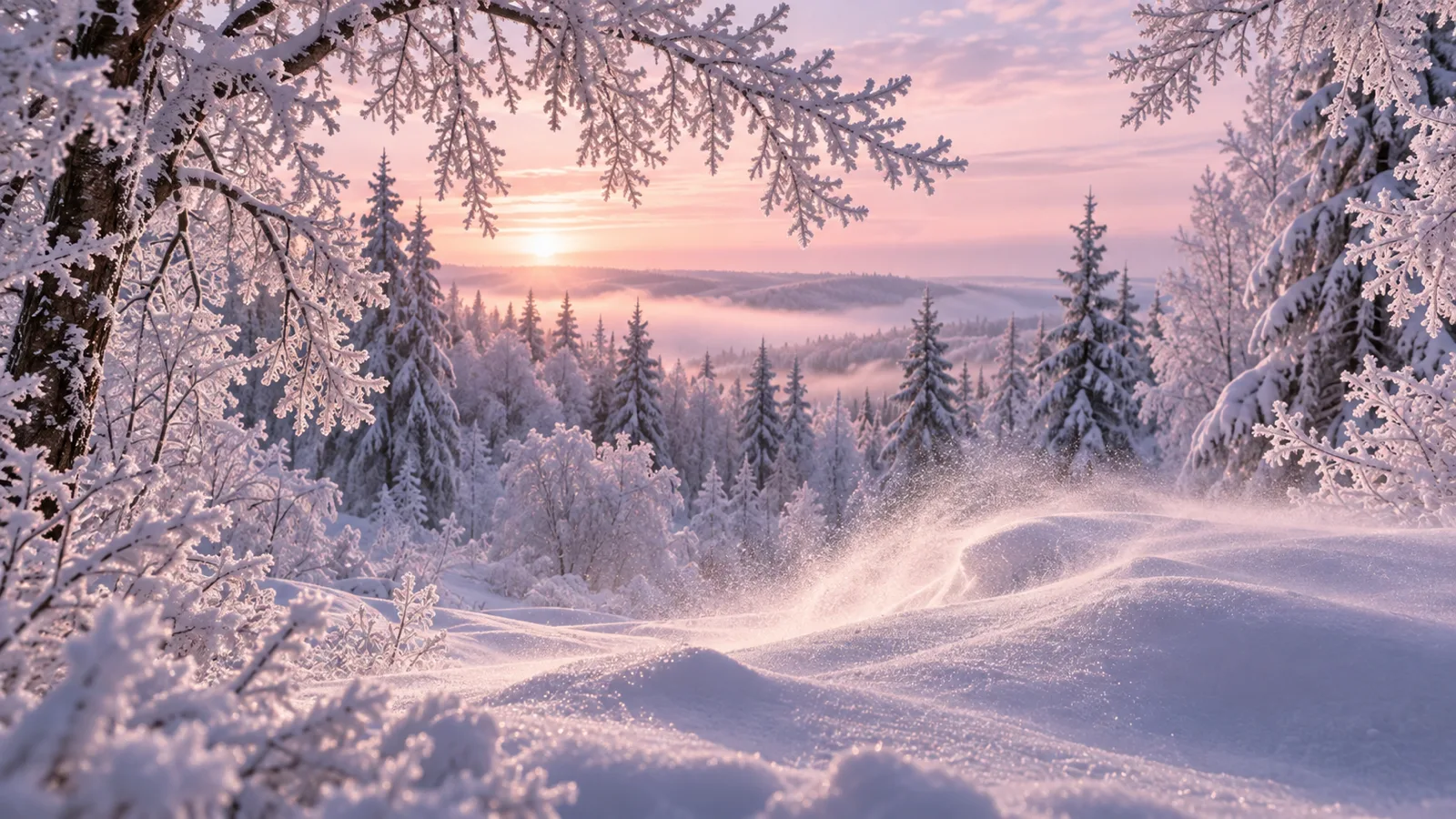 Hoarfrost-covered branches frame windblown snow at pink dawn.