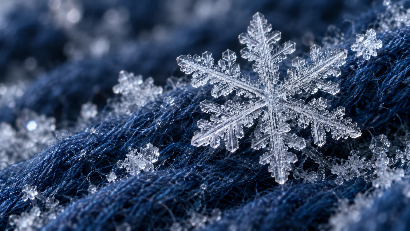 An intricate snow crystal rests on dark blue wool fibers.