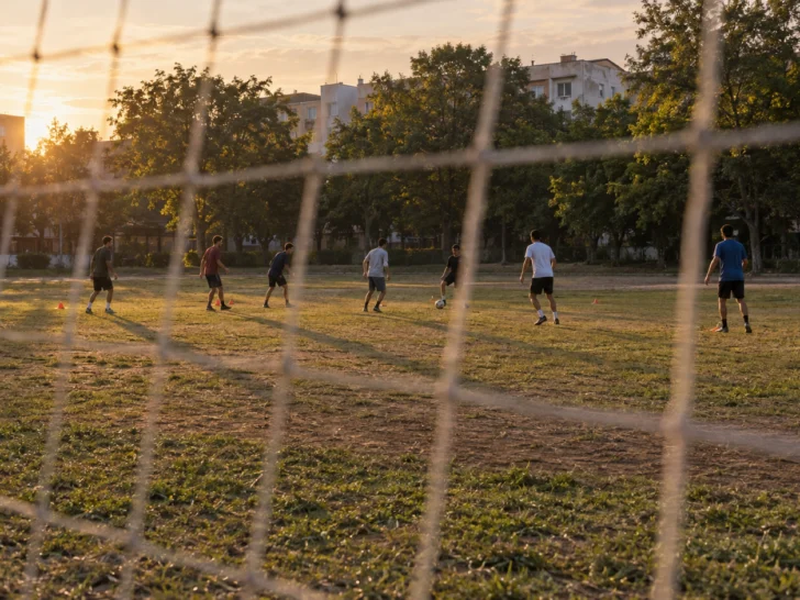 Distant players practice on a neighborhood soccer field at golden hour.