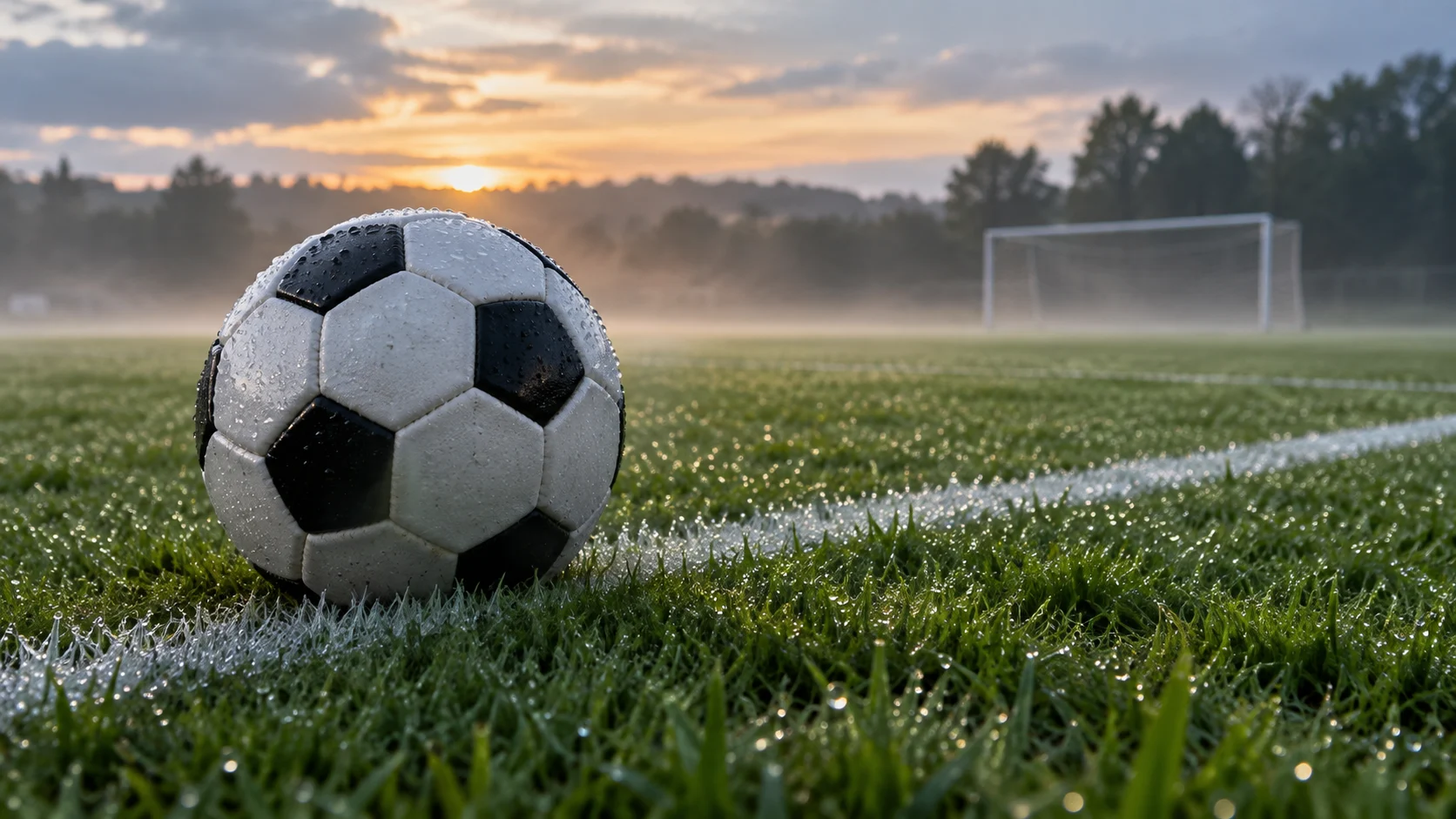 A rain-speckled soccer ball rests beside a white line at sunrise.