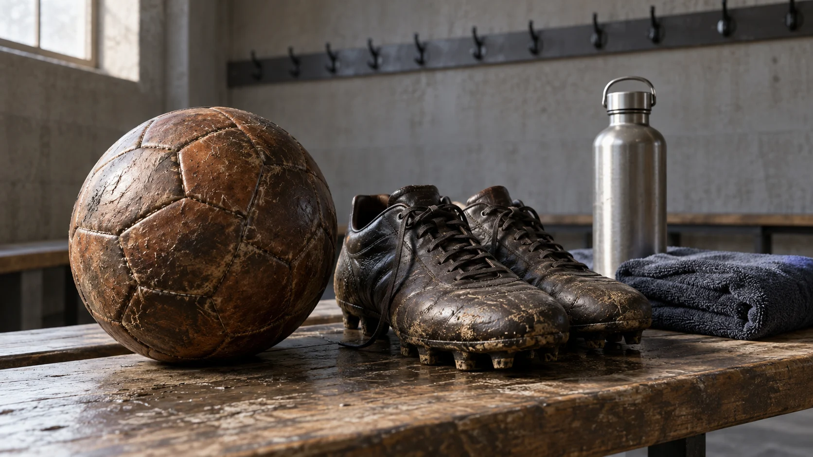 A worn leather soccer ball and muddy plain boots sit on a locker-room bench.