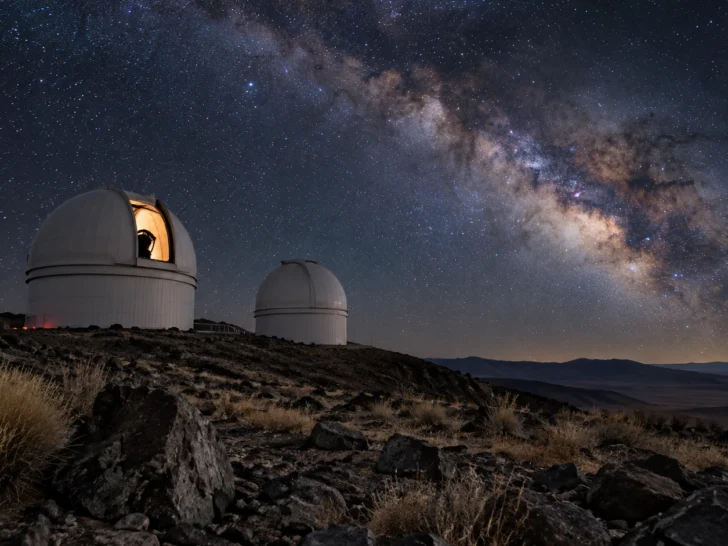 The Milky Way arches above two telescope domes in a remote desert observatory.