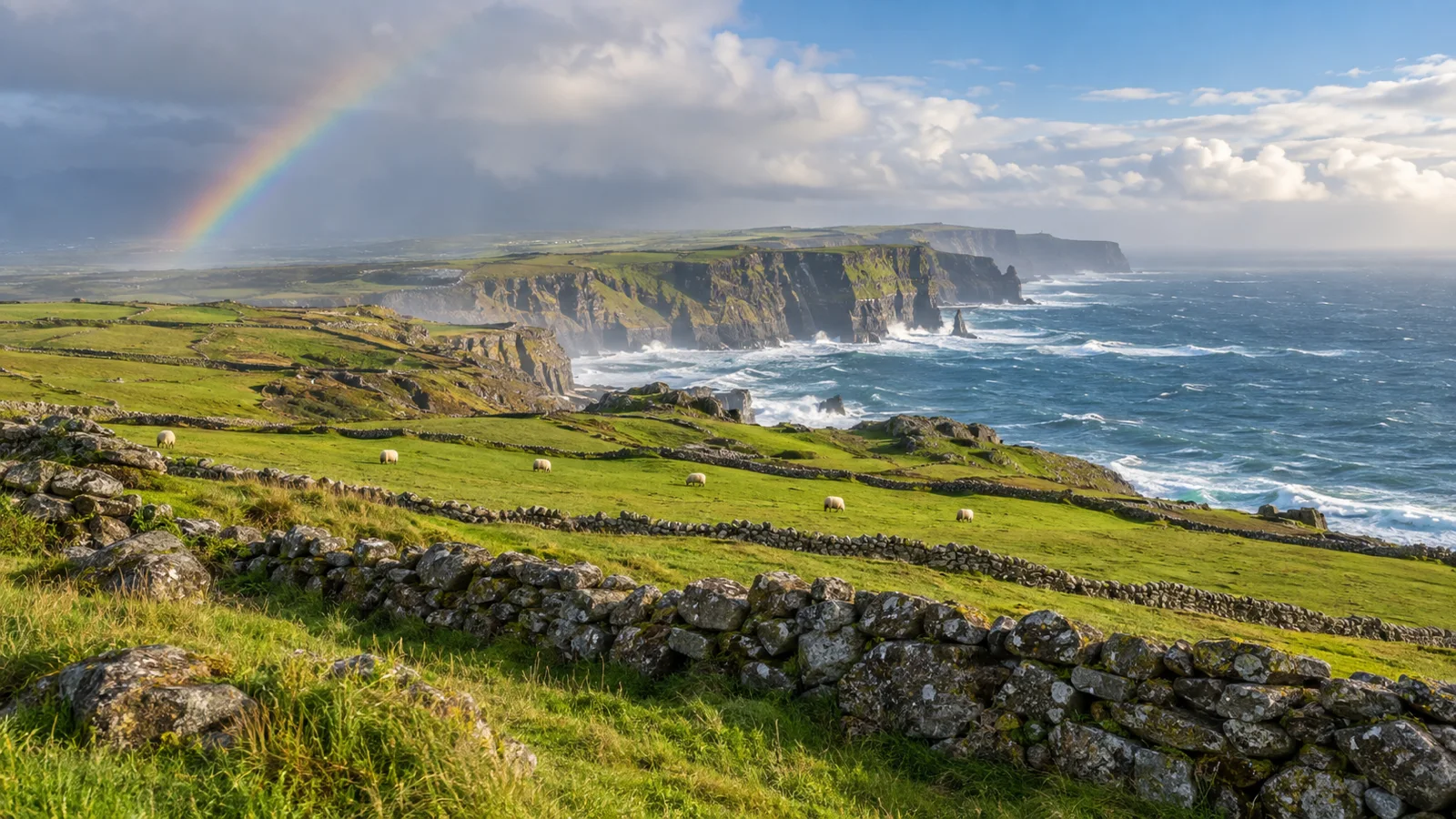 Rainbow over green Irish pastures and windswept Atlantic sea cliffs