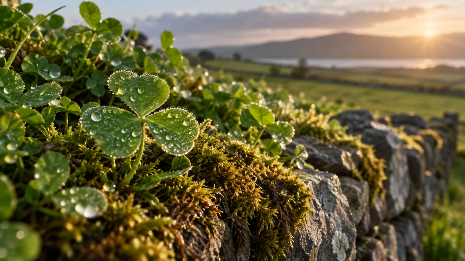 Dew-covered clover glowing on a mossy Irish stone wall at sunrise