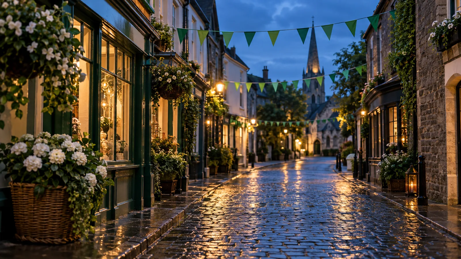 Rain-polished Irish town street decorated with green bunting at blue hour