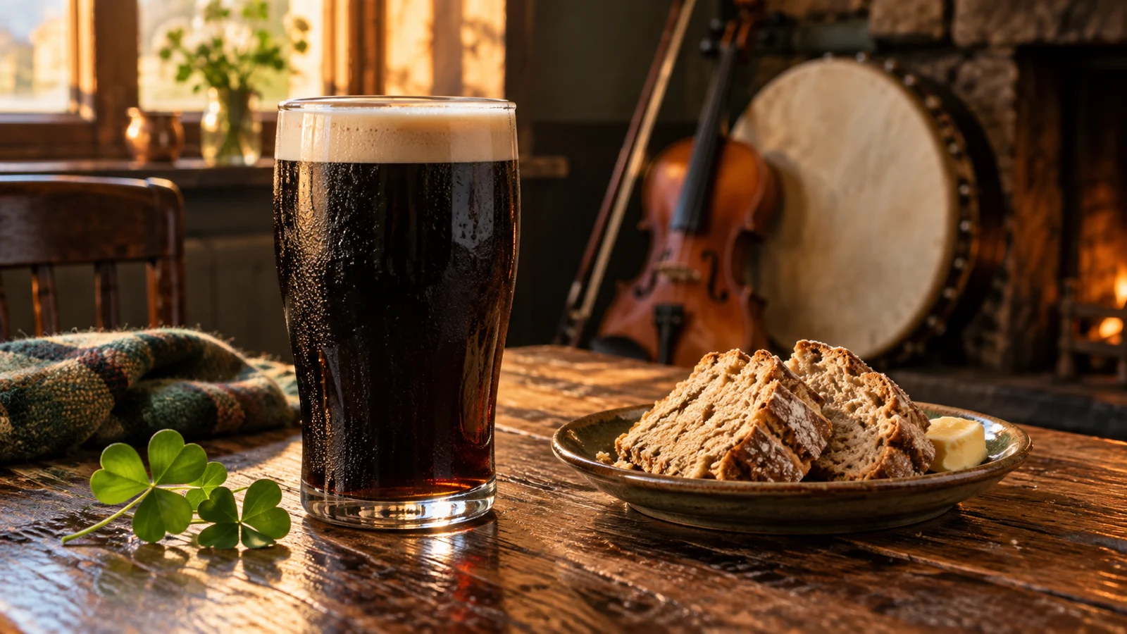 Dark stout and soda bread beside traditional Irish instruments in warm light
