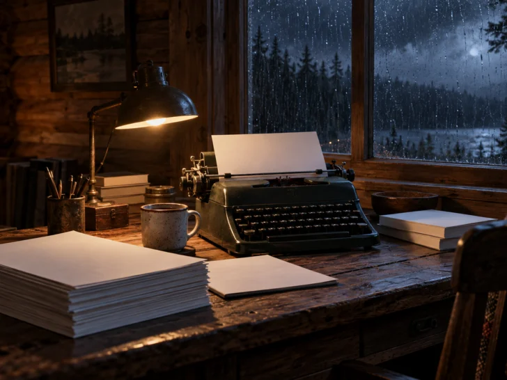 Blank manuscript pages and typewriter in a storm-lit cabin writing room