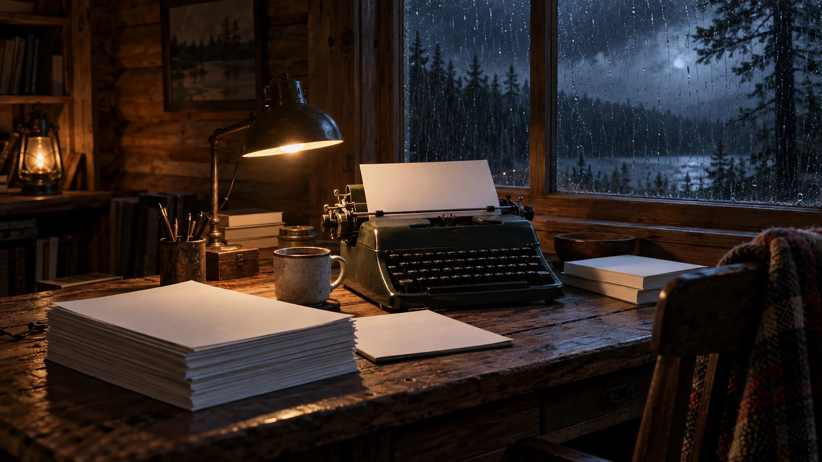 Blank manuscript pages and typewriter in a storm-lit cabin writing room