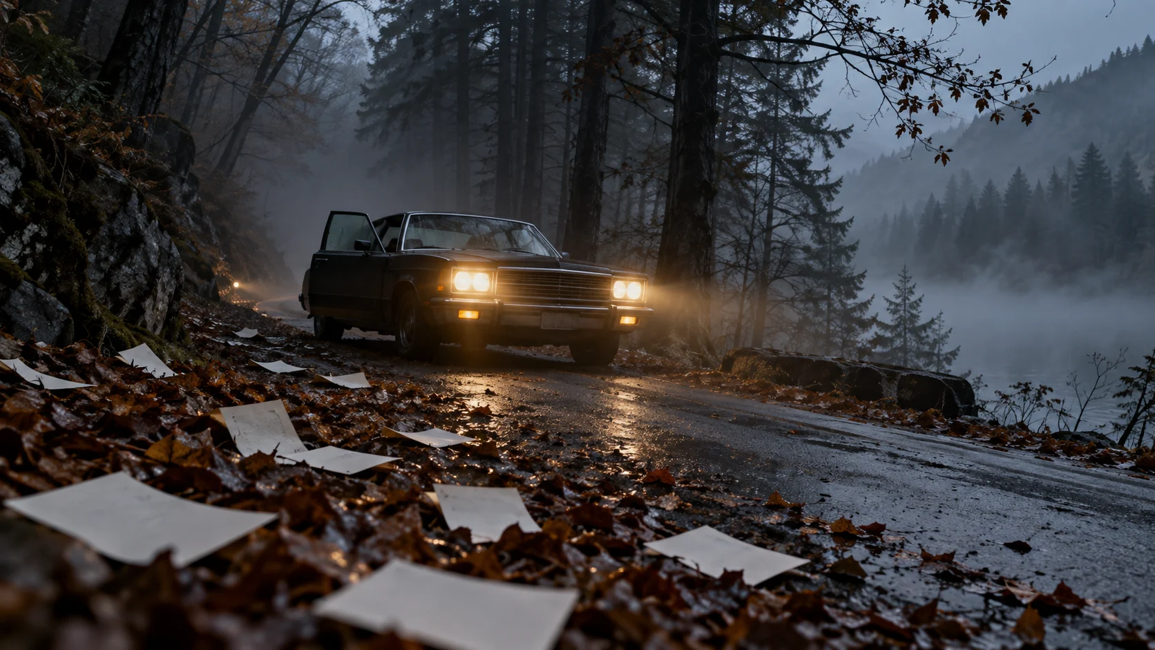 Headlights shining from an abandoned car on a foggy forest road