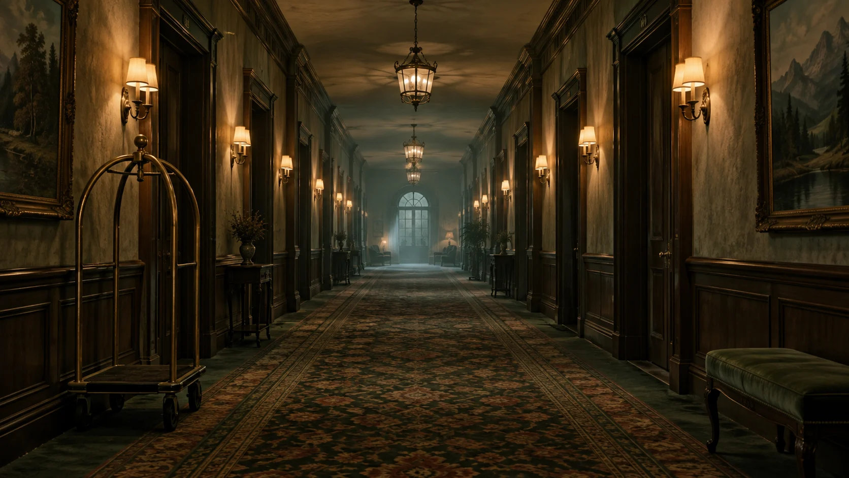 Empty vintage hotel corridor with a brass luggage cart and distant haze