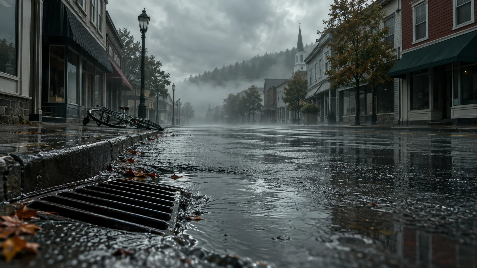 Rainy New England main street with a storm drain and abandoned bicycle