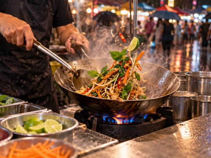 Vendor tossing noodles, vegetables, basil, and lime in a smoking Bangkok wok