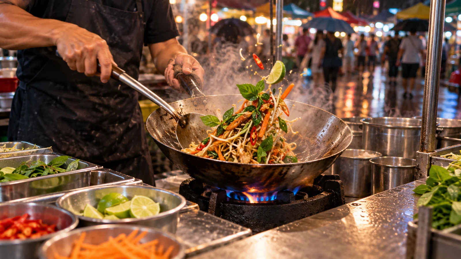Vendor tossing noodles, vegetables, basil, and lime in a smoking Bangkok wok