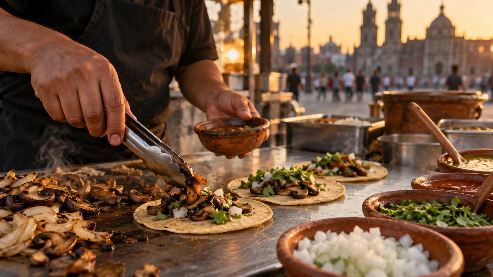 Cook assembling grilled mushroom tacos at golden hour in Mexico City