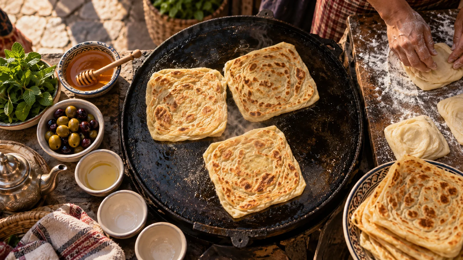 Msemen flatbreads cooking beside honey, mint, and olives in a Moroccan market