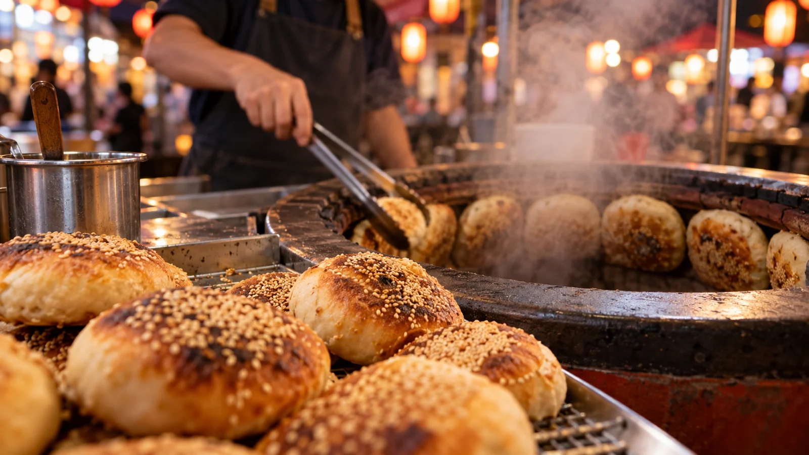 Sesame-topped pepper buns steaming beside a clay oven at a Taiwanese night market