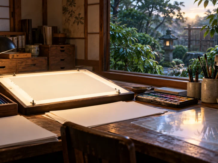 Traditional animation workspace with blank paper, art tools, and a rain-washed garden at dawn