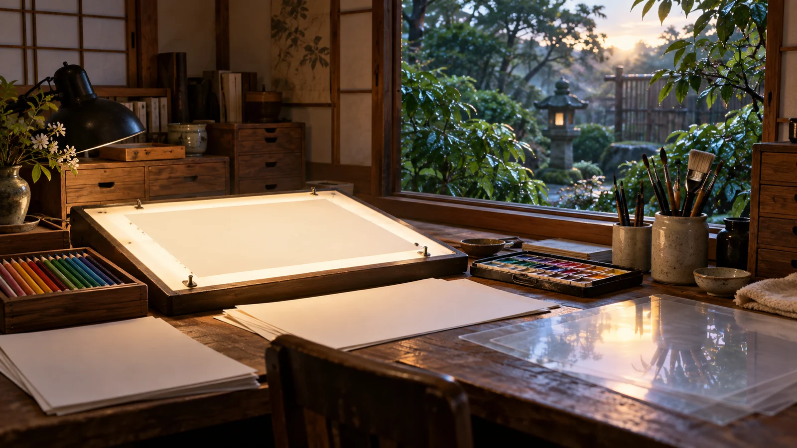 Traditional animation workspace with blank paper, art tools, and a rain-washed garden at dawn