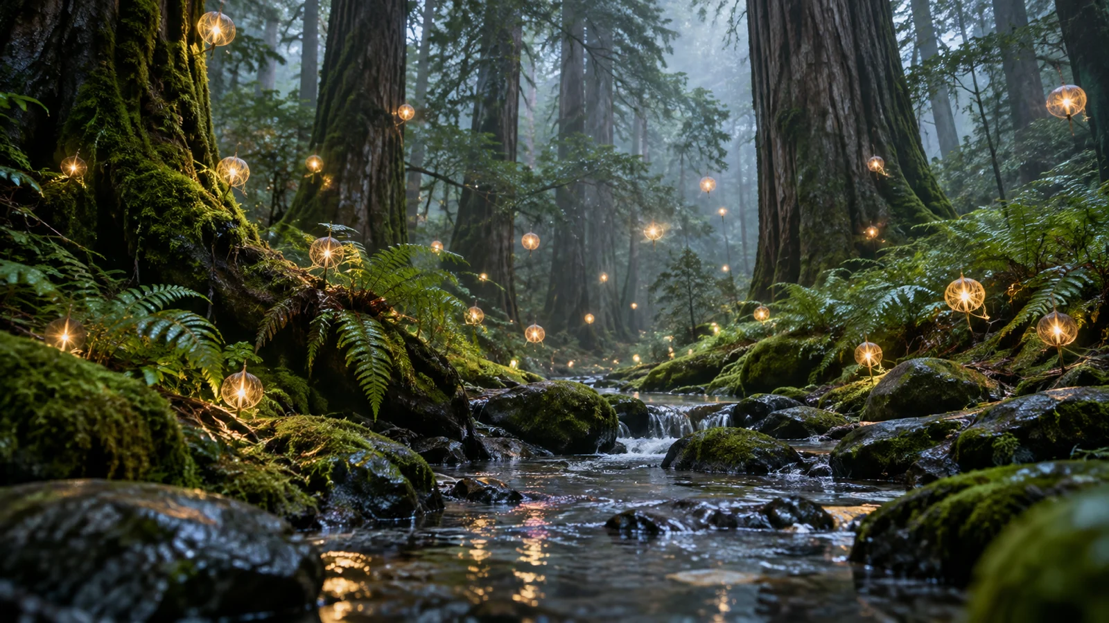 Warm glowing seed pods beside a stream in a mossy cedar forest