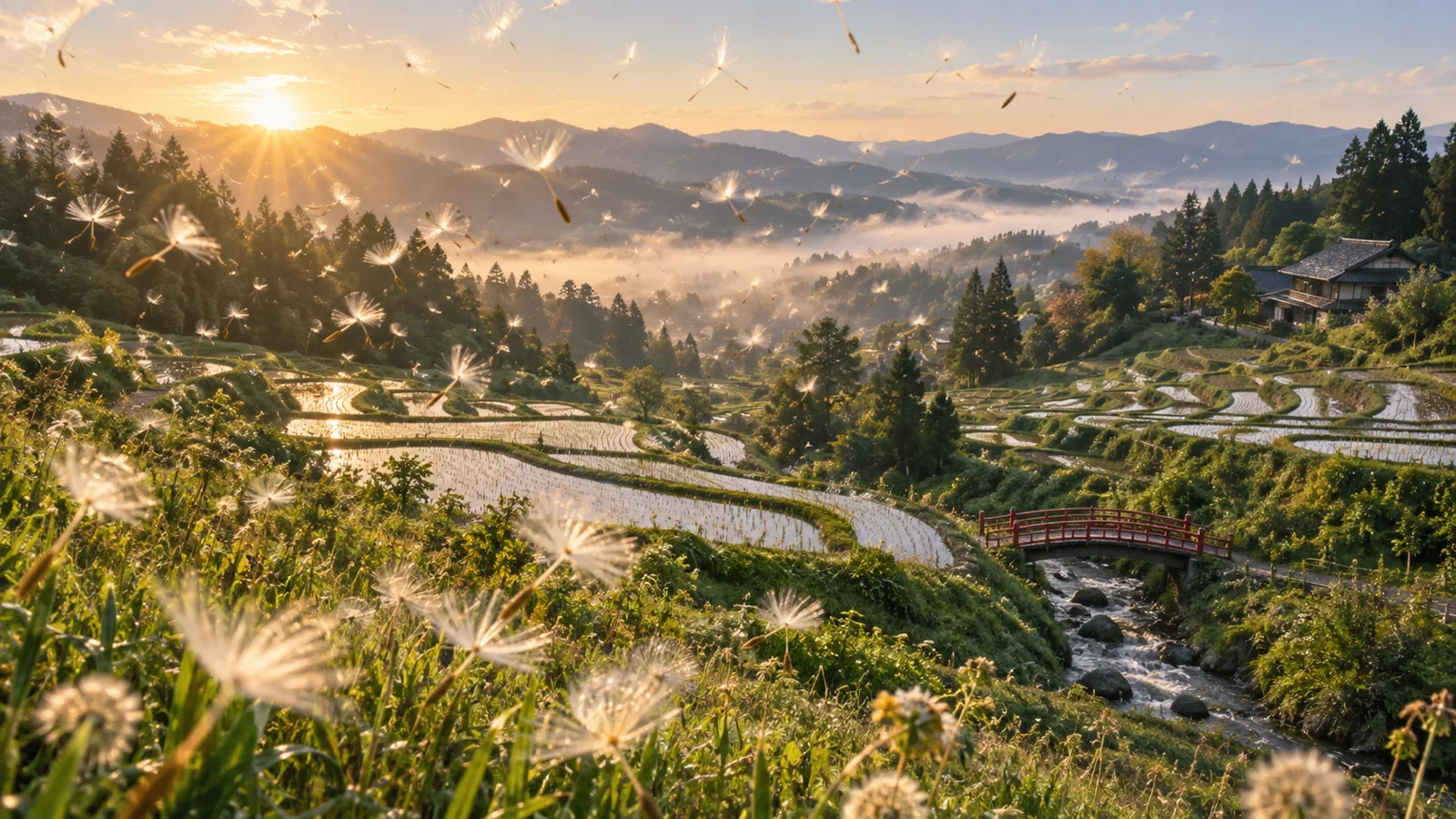 Delicate seed sails drifting above green rice terraces at sunrise