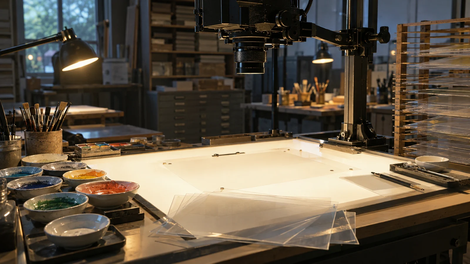 Vintage rostrum camera above a tidy animation table with blank acetate sheets