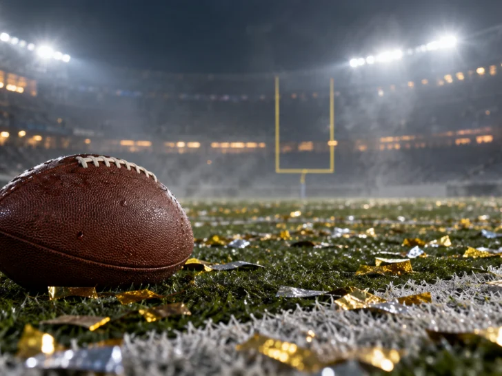 A plain football rests among gold and silver confetti on a wet stadium field.