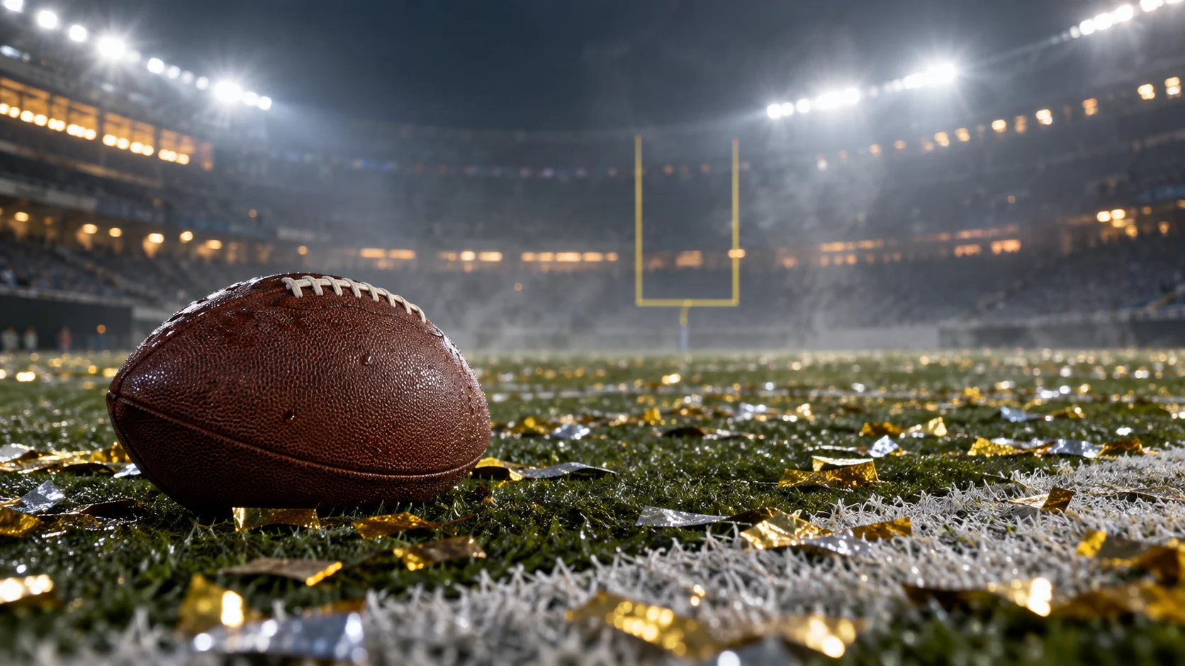 A plain football rests among gold and silver confetti on a wet stadium field.