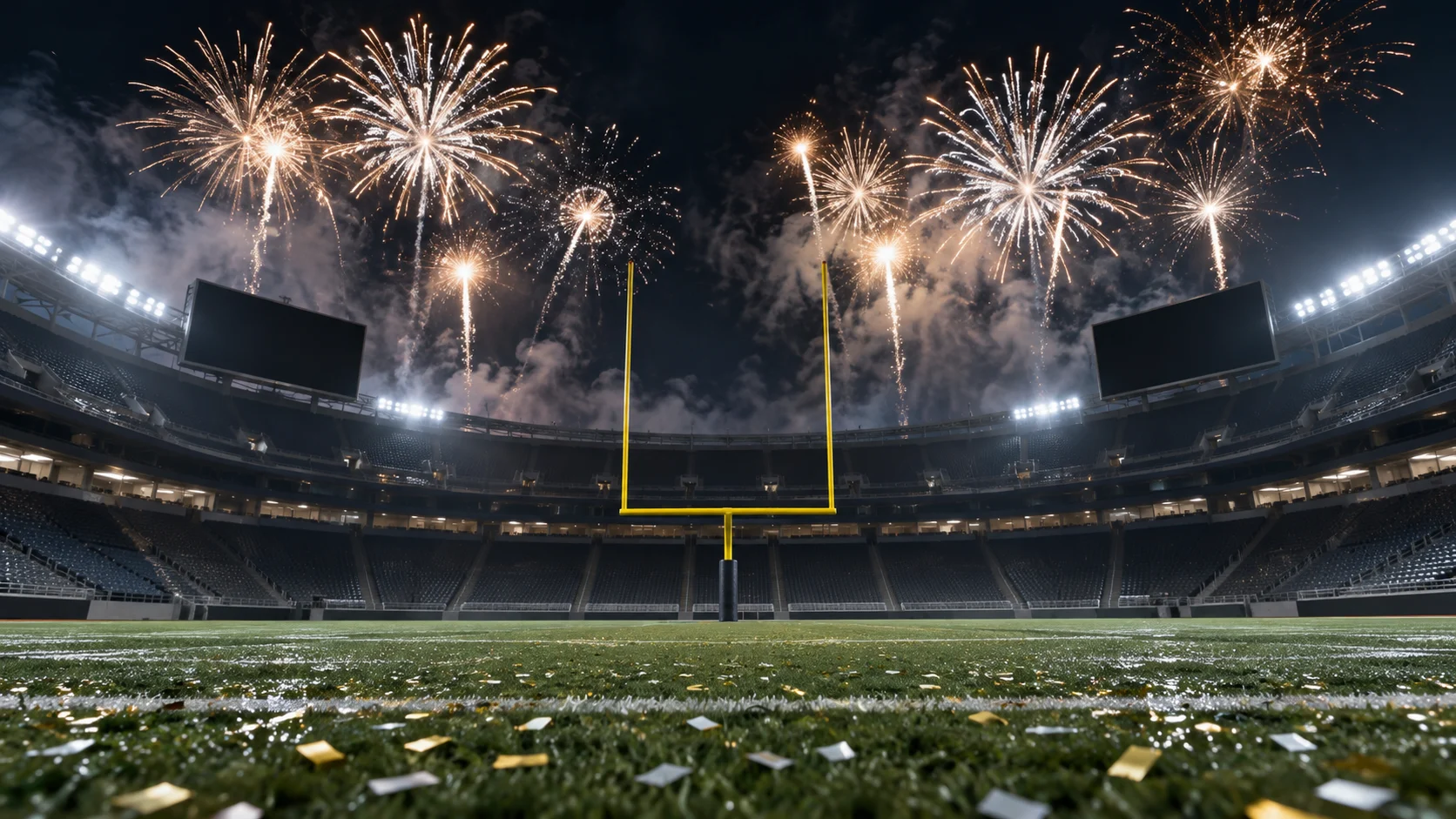 Gold and white fireworks burst above an empty stadium goalpost at night.