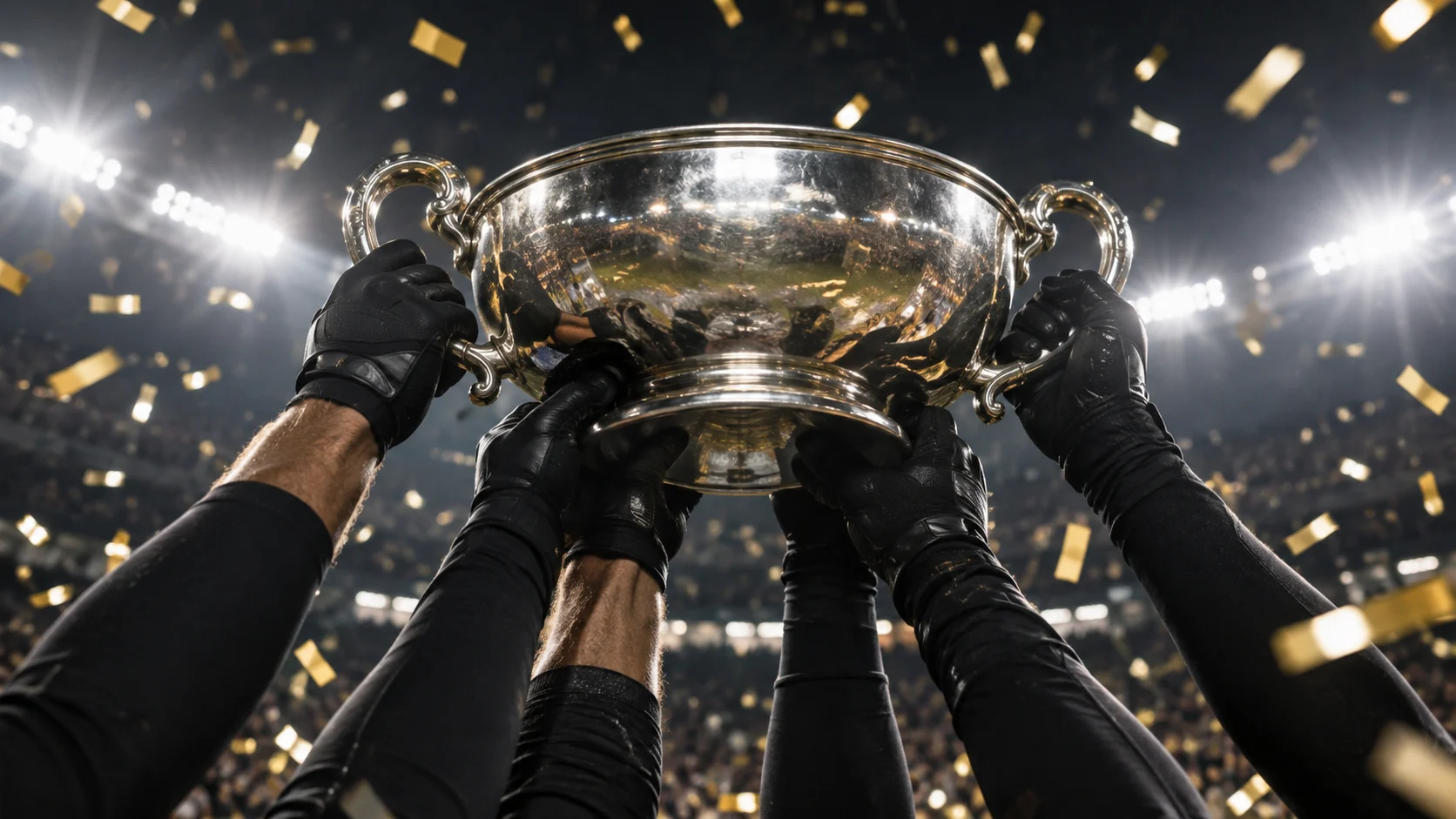 Gloved hands raise an original silver bowl beneath stadium lights and confetti.