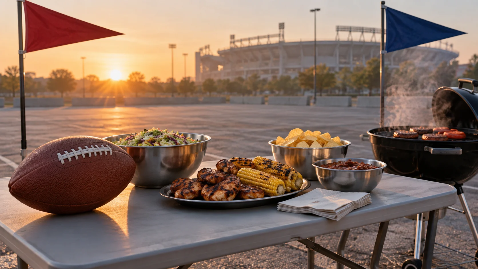 A football and grilled food fill an unbranded stadium tailgate table at sunrise.