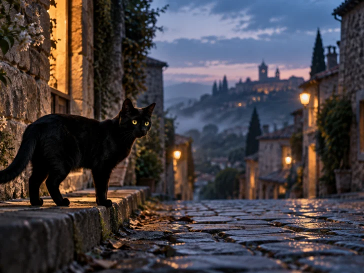 Black cat standing on a rain-slicked cobblestone lane at blue hour