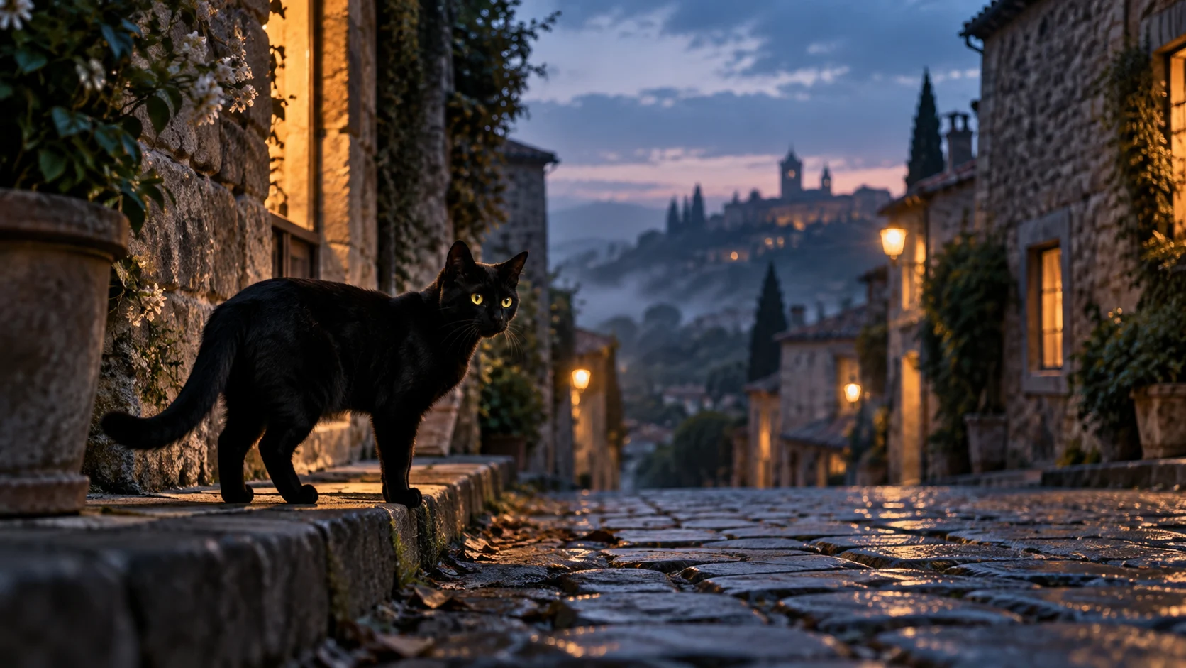 Black cat standing on a rain-slicked cobblestone lane at blue hour