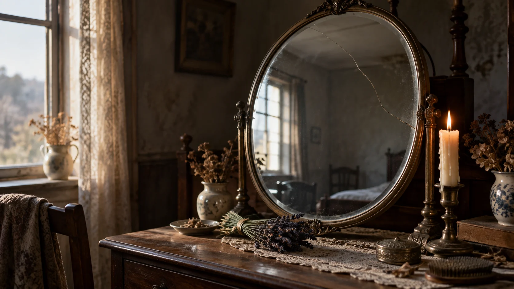 Cracked antique mirror on a wooden dressing table in an empty room