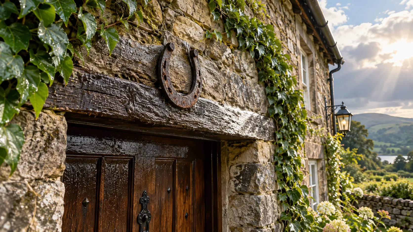 Weathered iron horseshoe mounted above a rain-darkened cottage doorway