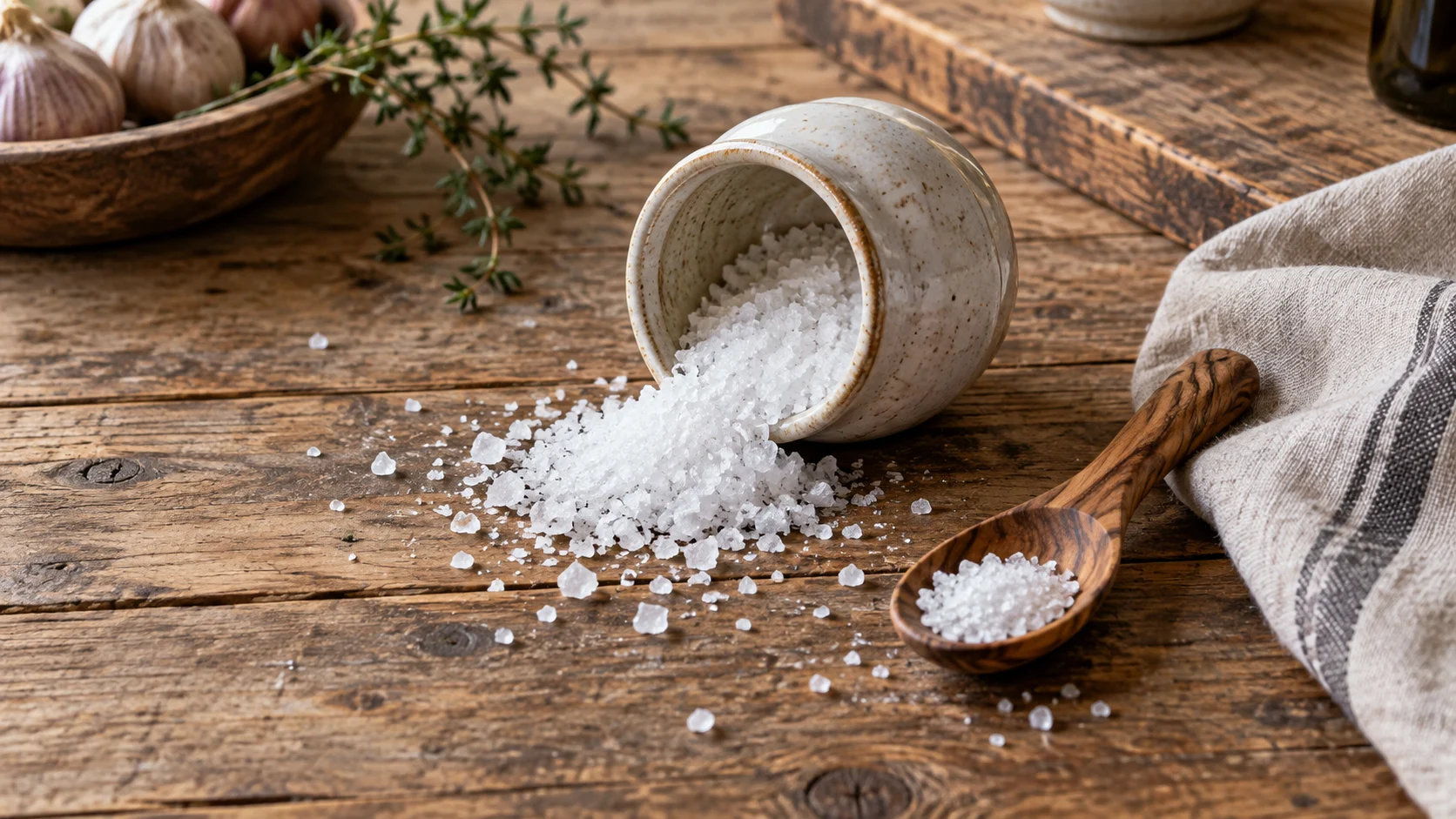 Ceramic salt cellar tipped over on a rustic wooden kitchen table