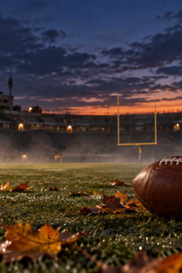 Plain football on an empty stadium sideline at twilight