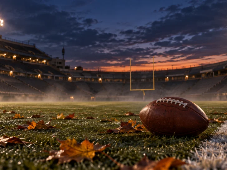 Plain football on an empty stadium sideline at twilight