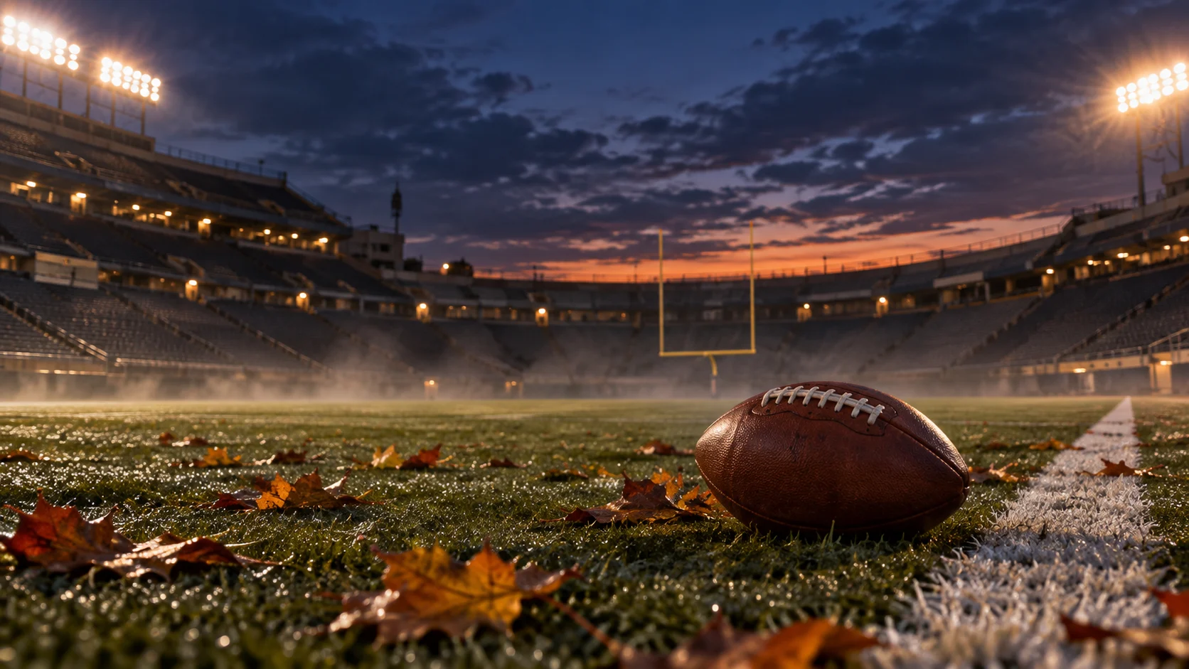 Plain football on an empty stadium sideline at twilight