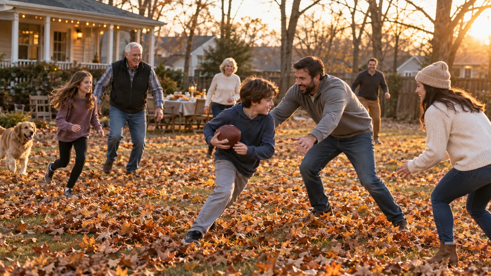 Family playing touch football in an autumn backyard