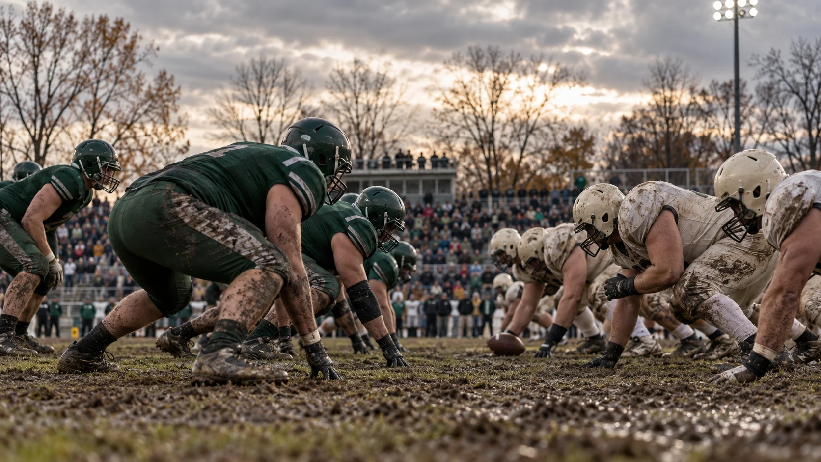 Generic football teams meeting on a muddy community field