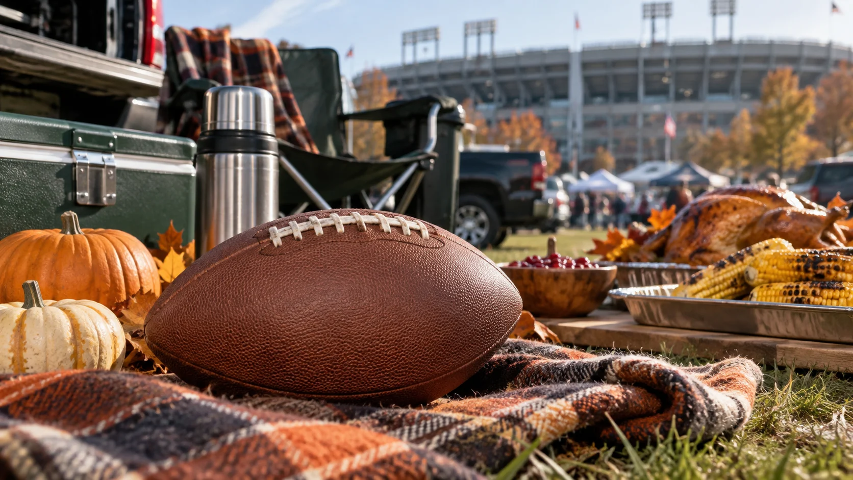 Blank football beside a Thanksgiving tailgate spread