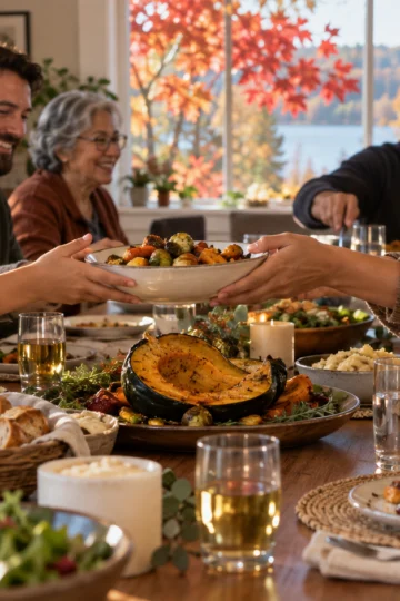 A multigenerational family passes roasted vegetables at a Canadian Thanksgiving table.