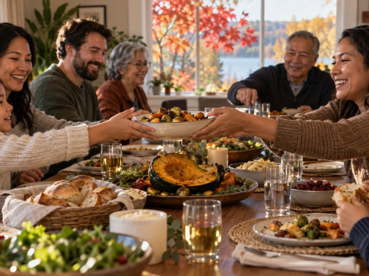 A multigenerational family passes roasted vegetables at a Canadian Thanksgiving table.