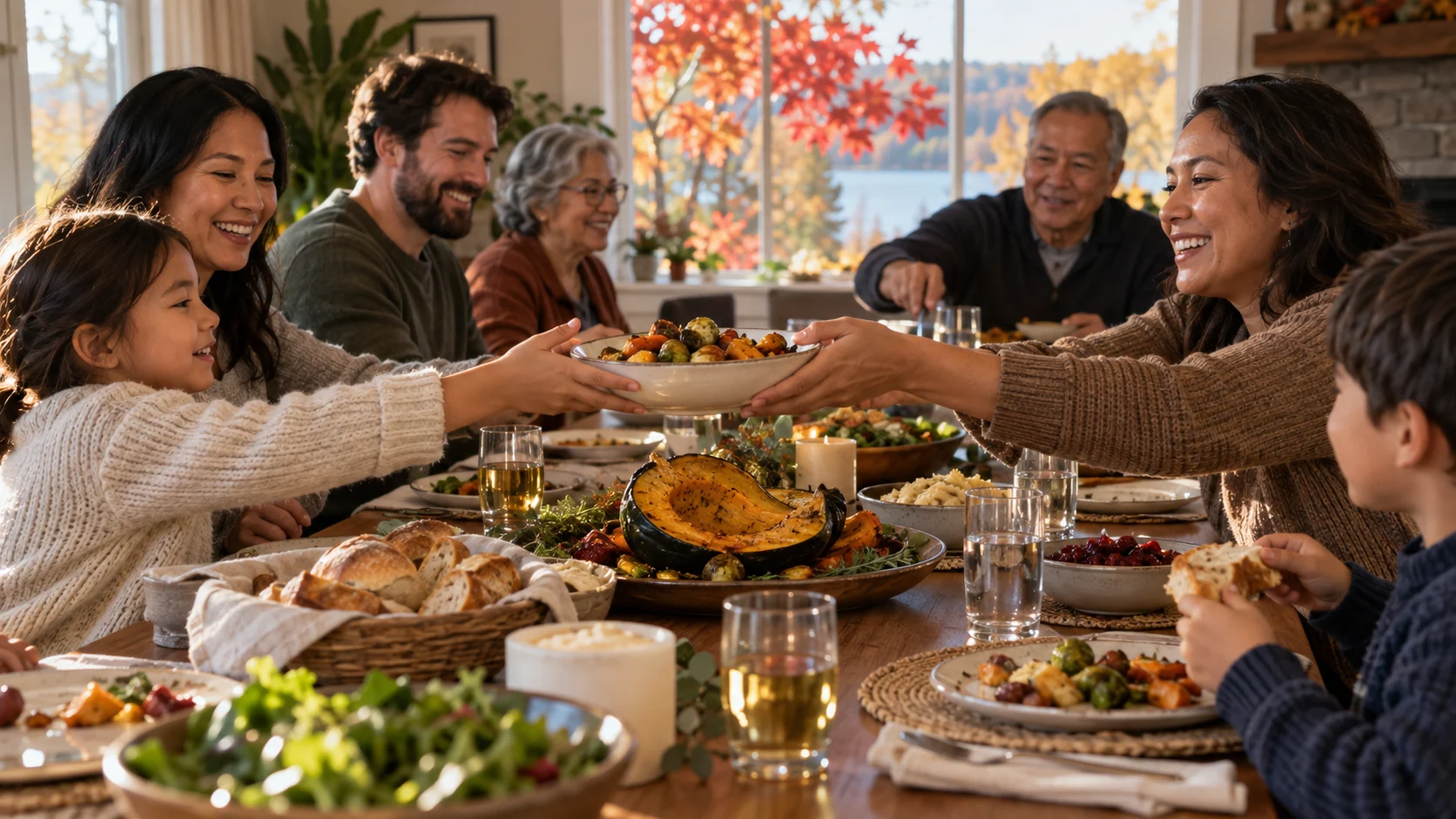 A multigenerational family passes roasted vegetables at a Canadian Thanksgiving table.