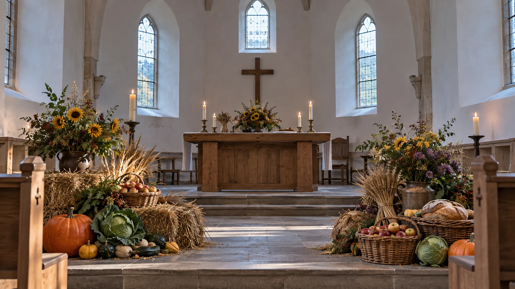 Harvest produce and grain decorate a rural church for Erntedank.