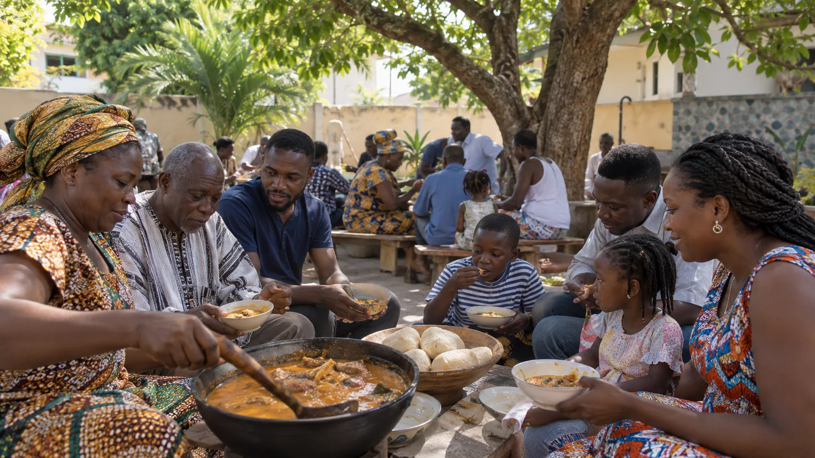 Ghanaian families share a community meal beneath a courtyard tree.