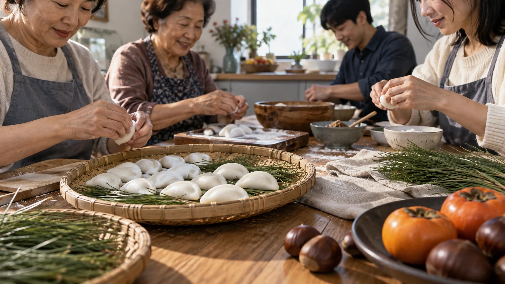 Family members shape rice cakes together for Chuseok.