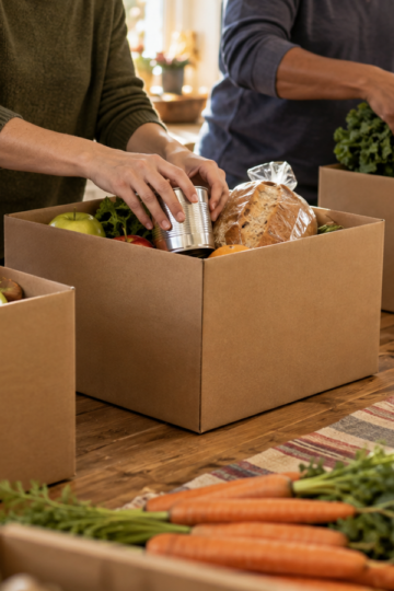Volunteers packing produce and pantry food into plain holiday meal boxes