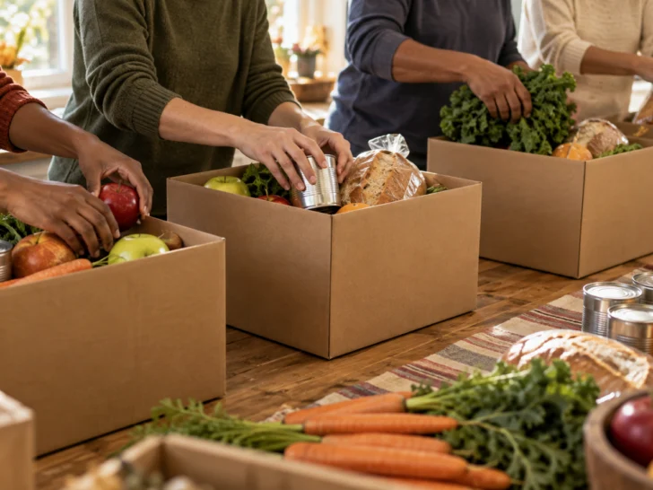 Volunteers packing produce and pantry food into plain holiday meal boxes
